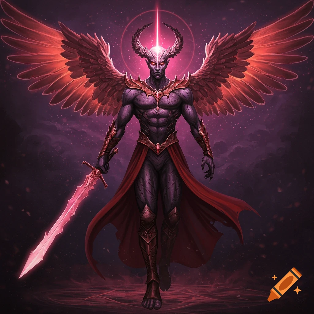 A powerful fantasy character with red wings, horns, and glowing sword walks in a dark, cosmic setting.