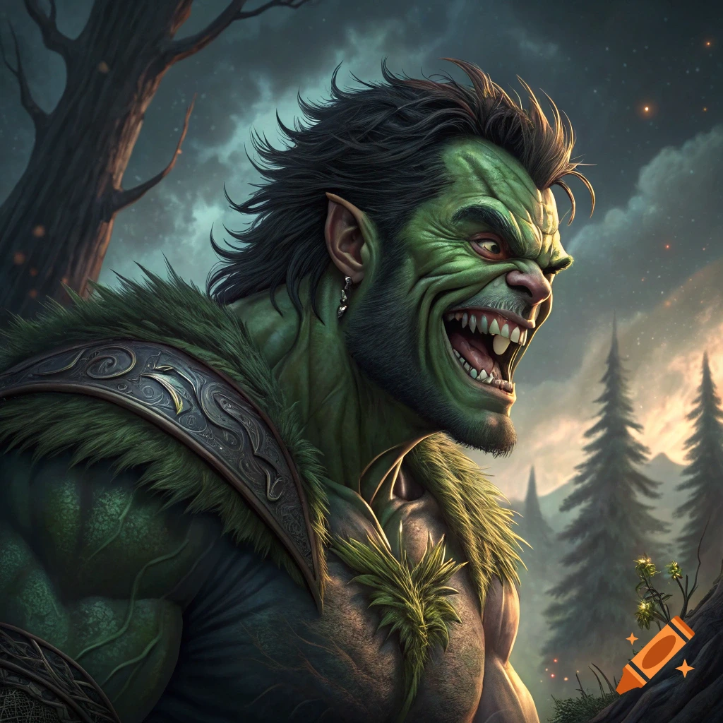 A fierce green-skinned creature with pointed ears and fur armor in a forest.