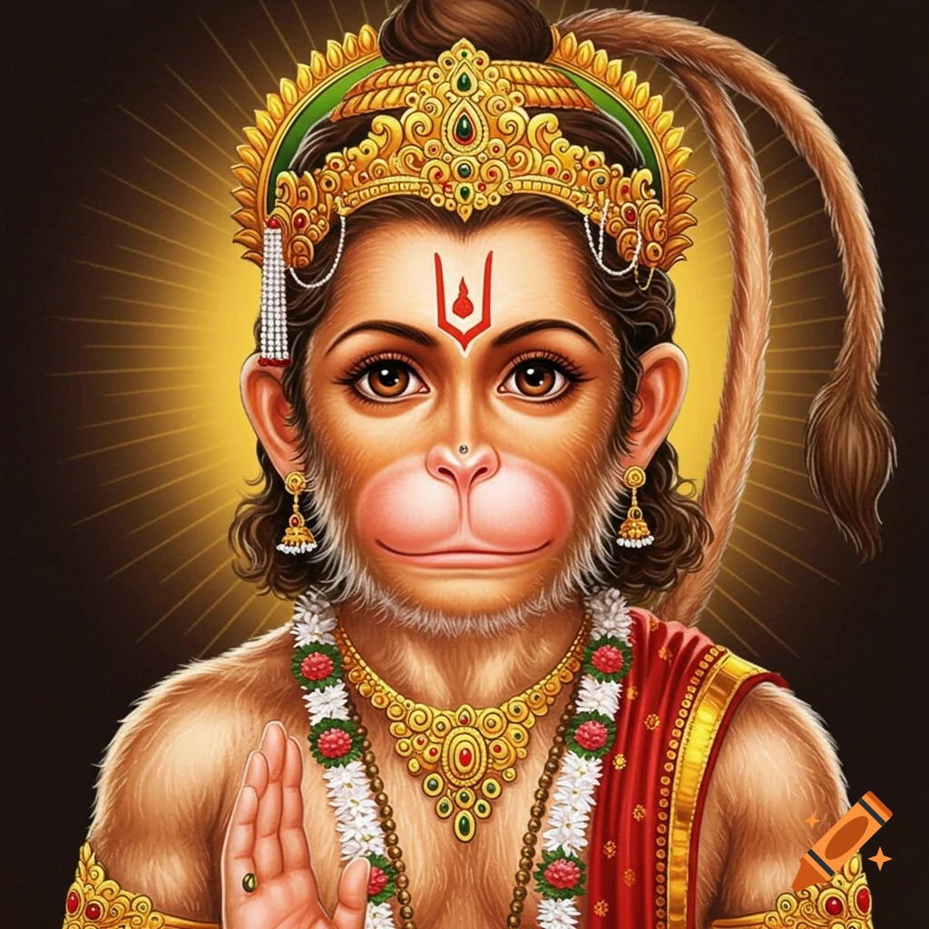 Portrait of young Lord Hanuman with golden crown, ornaments, and glowing aura.