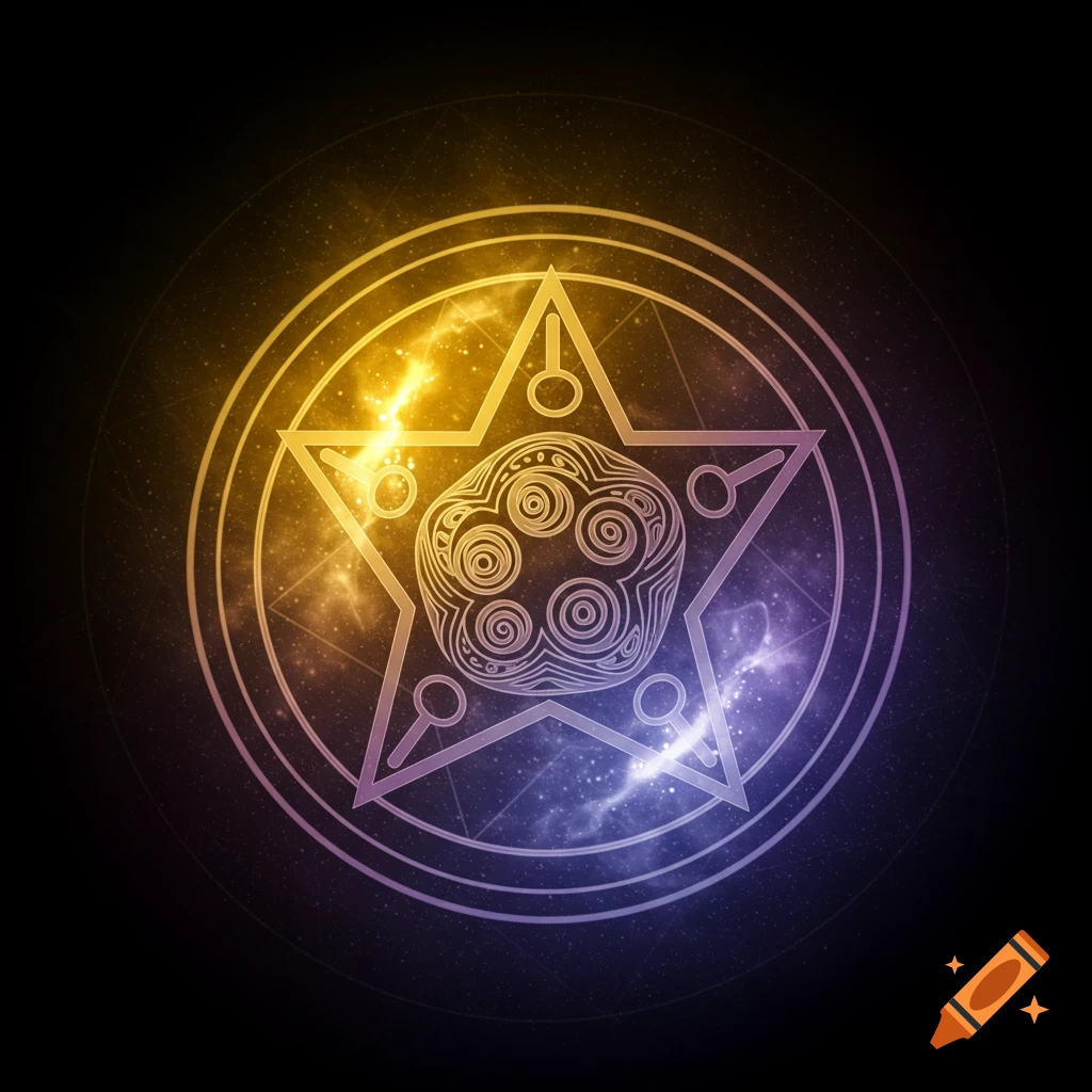 A glowing mystical symbol with a pentagram inside a circle, set against a cosmic background with gold and purple light.