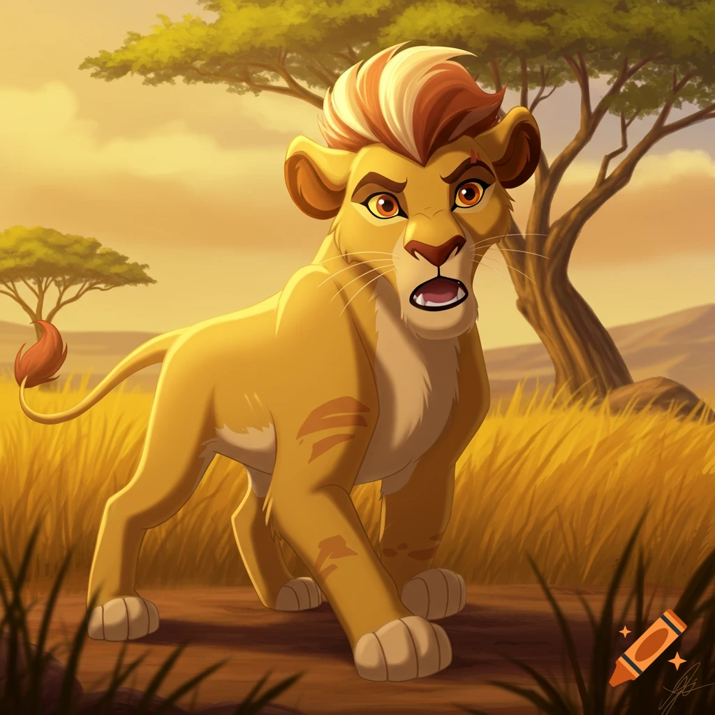 Cartoon lion stands in a savanna landscape