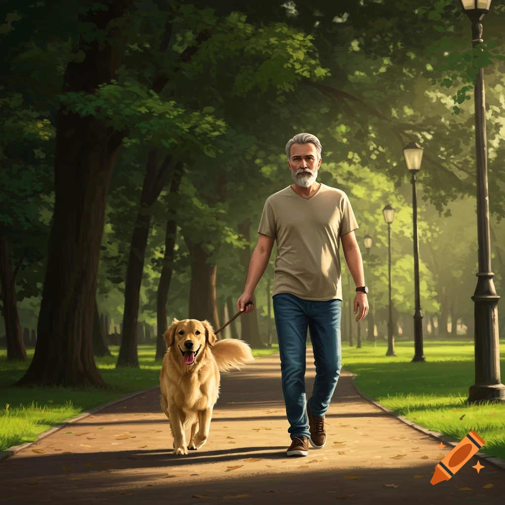 A man walks a golden retriever on a sunny park path.