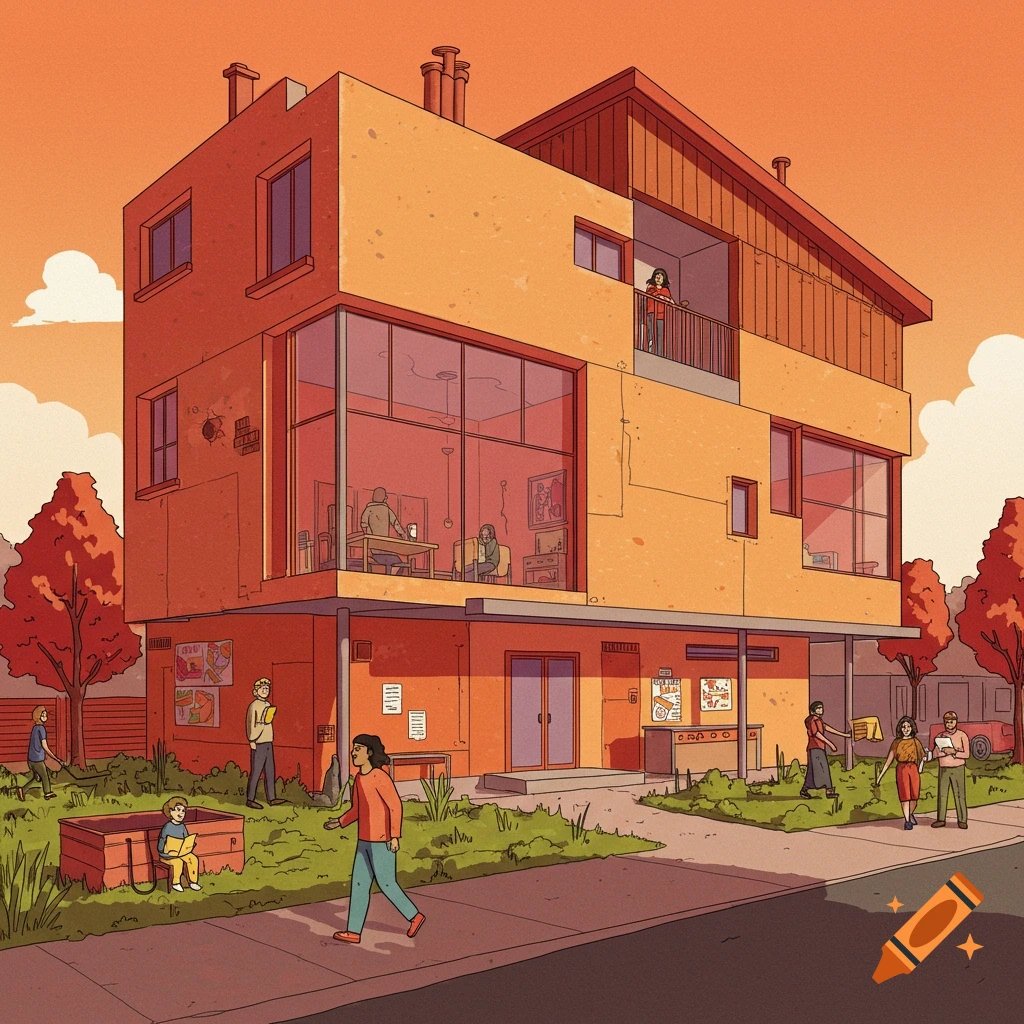 A stylized illustration of a community building with large windows and people walking around outside.