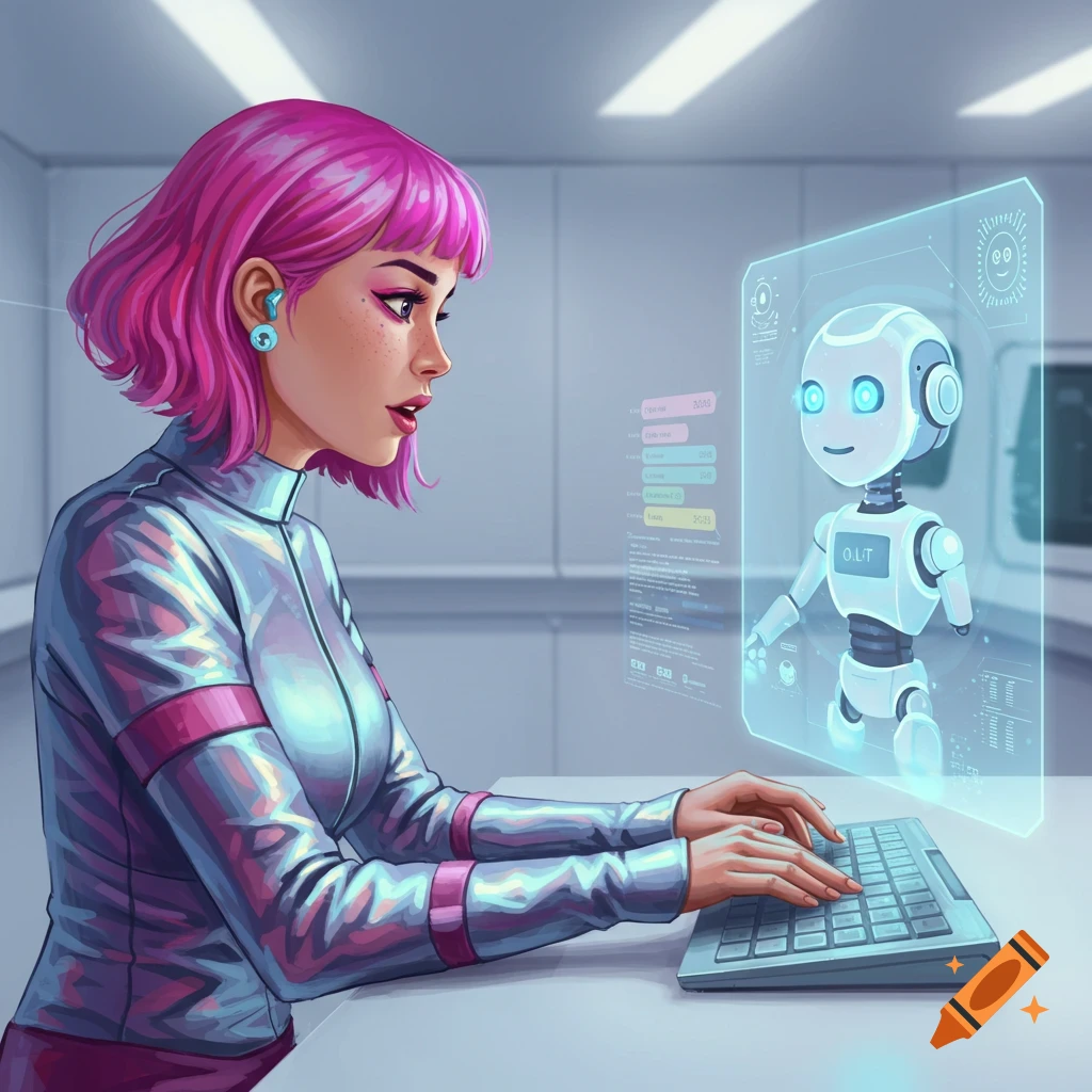 A woman with pink hair typing on a keyboard, interacting with a holographic robot on a screen.