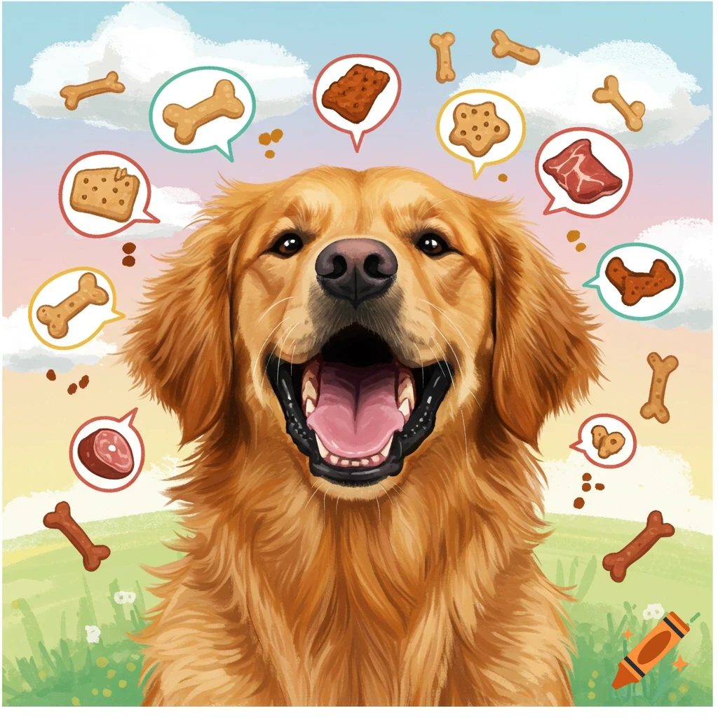 A golden retriever looks up at floating dog treats and bones.