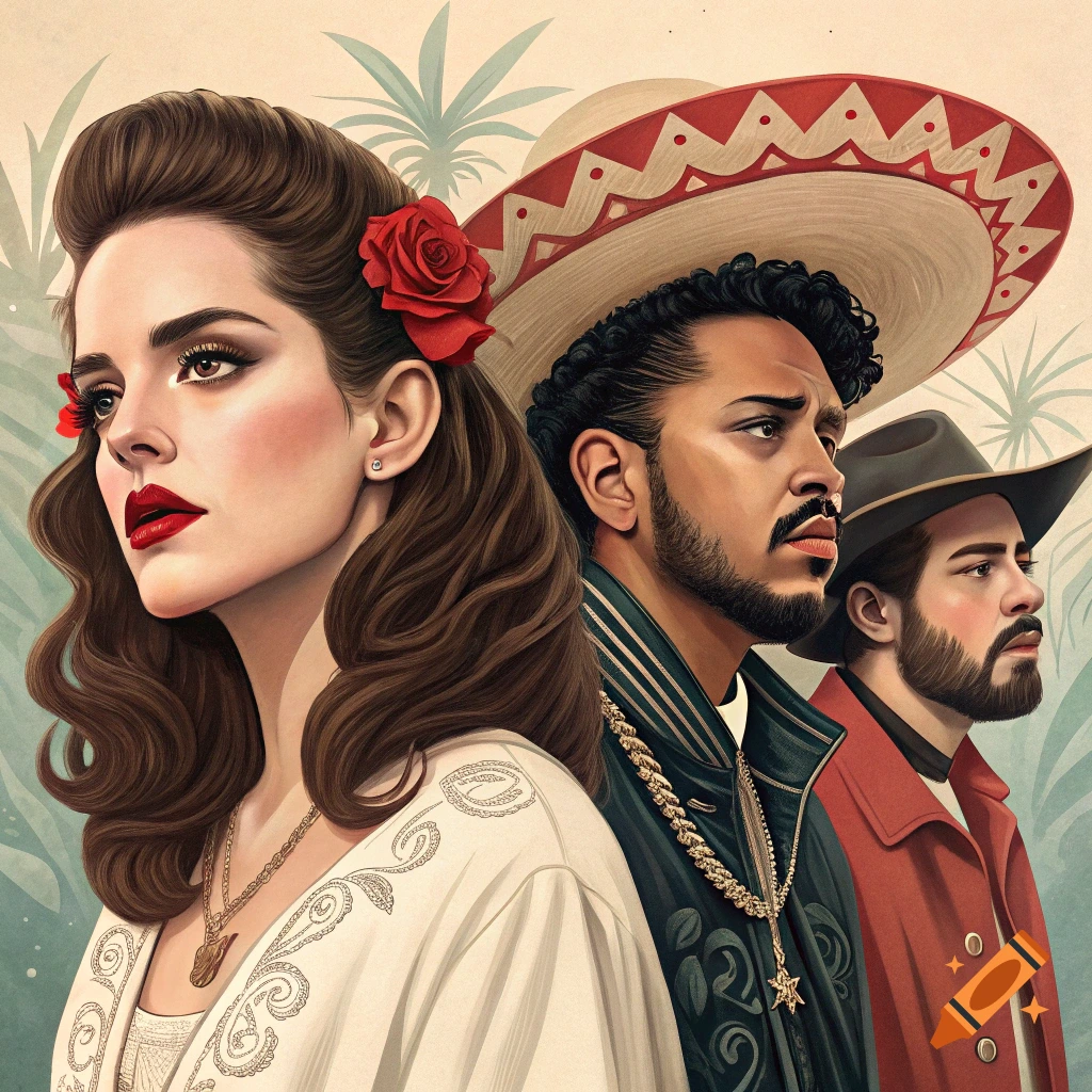 Stylized portrait of three figures: a woman with a rose in her hair, a man in a sombrero, and a man in a hat.