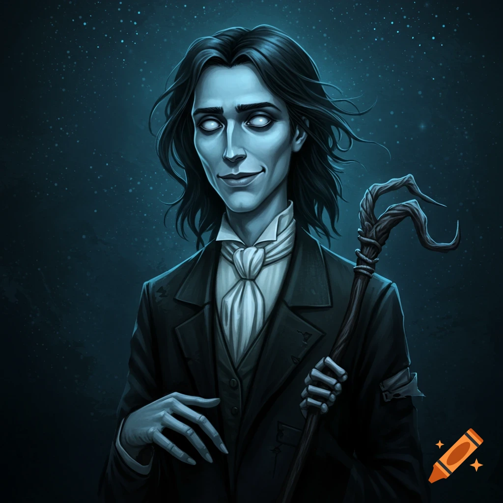 A pale undead man in a suit with glowing eyes and a crooked staff, dark background.