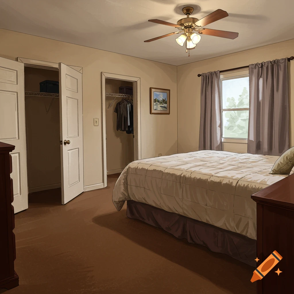 A bedroom with a bed, closets, window, ceiling fan, and dresser.