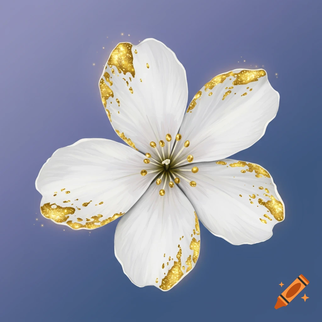 A white five-petal flower speckled with gold on a blue background.
