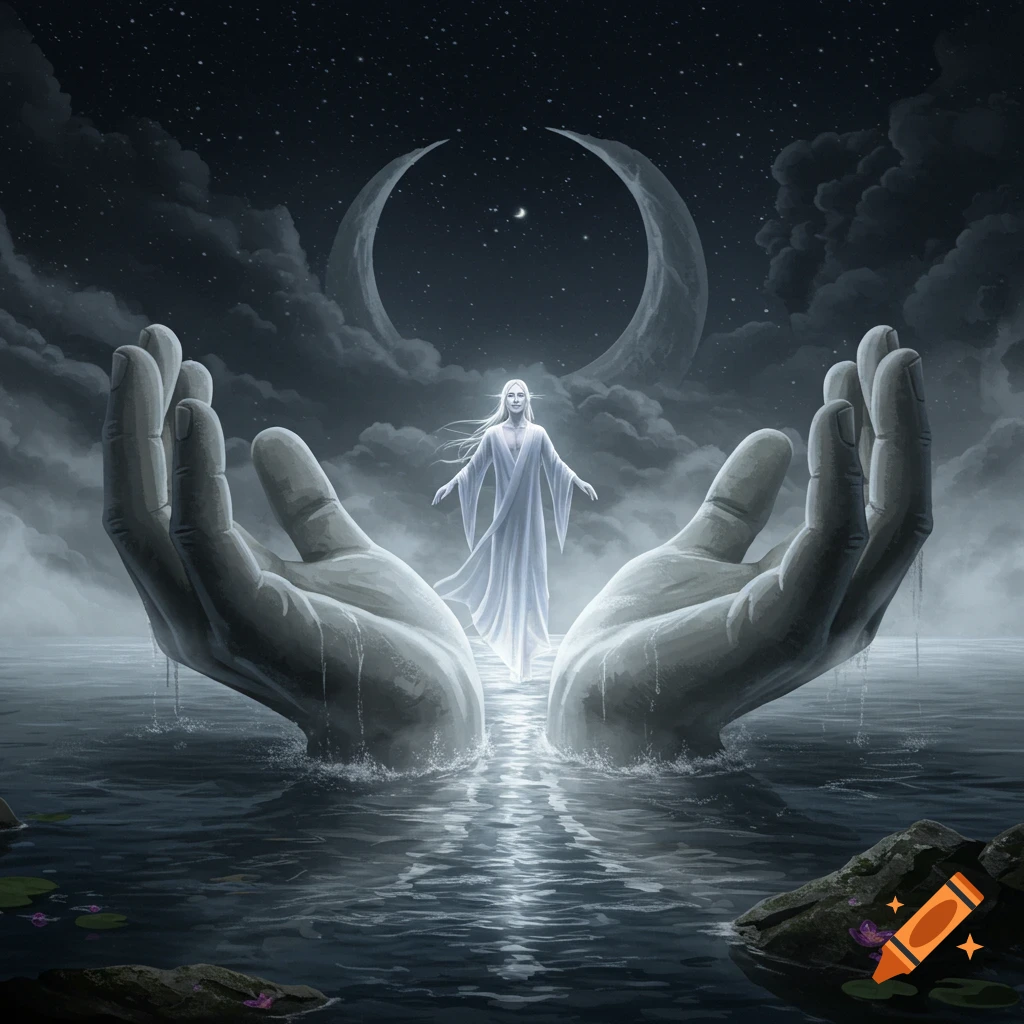 A figure in white robes stands on giant hands emerging from water under a starry sky with a crescent moon.