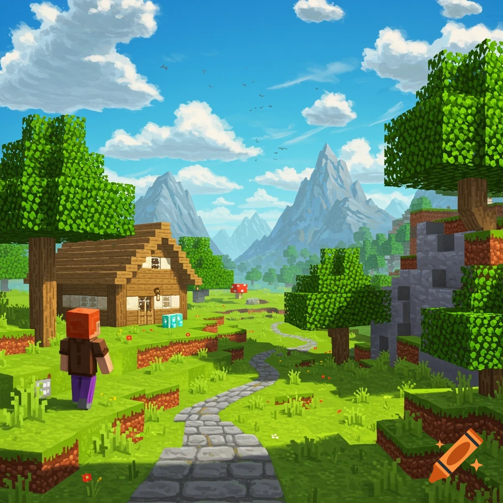 Blocky Minecraft landscape with a house, trees, mountains, a character, and a winding path under a blue sky.