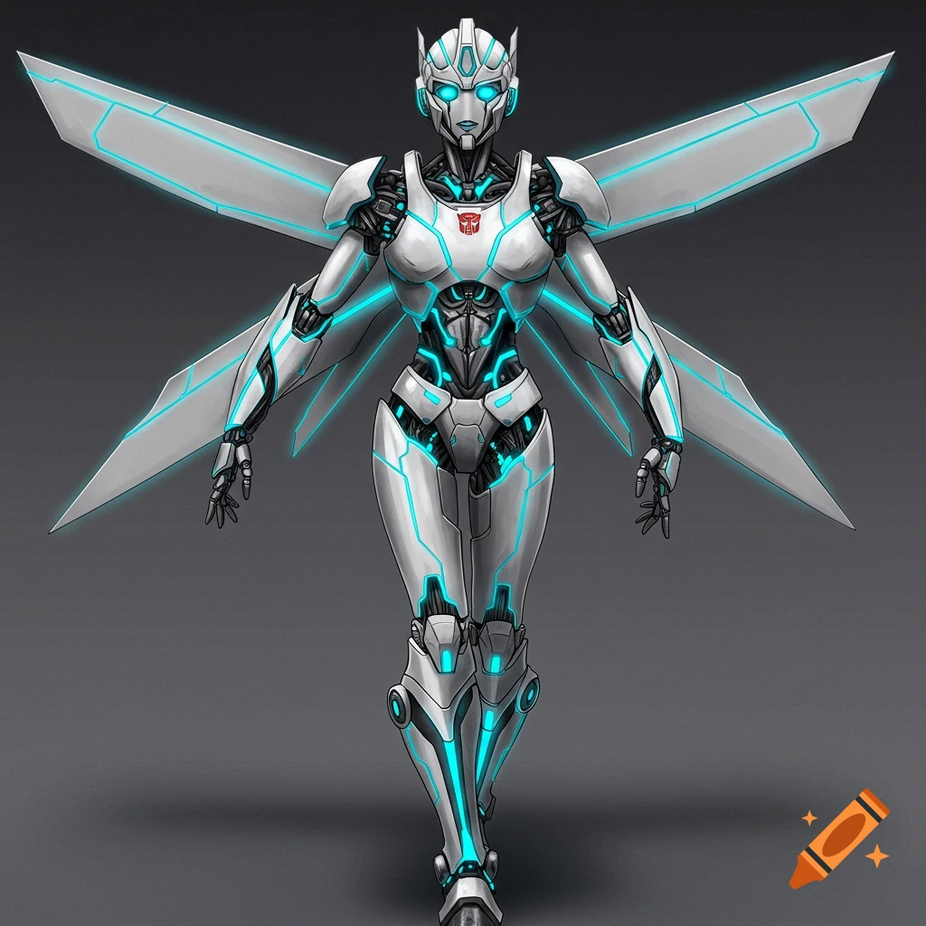 Illustration of a white and blue female Autobot transformer with glowing lines and large wings