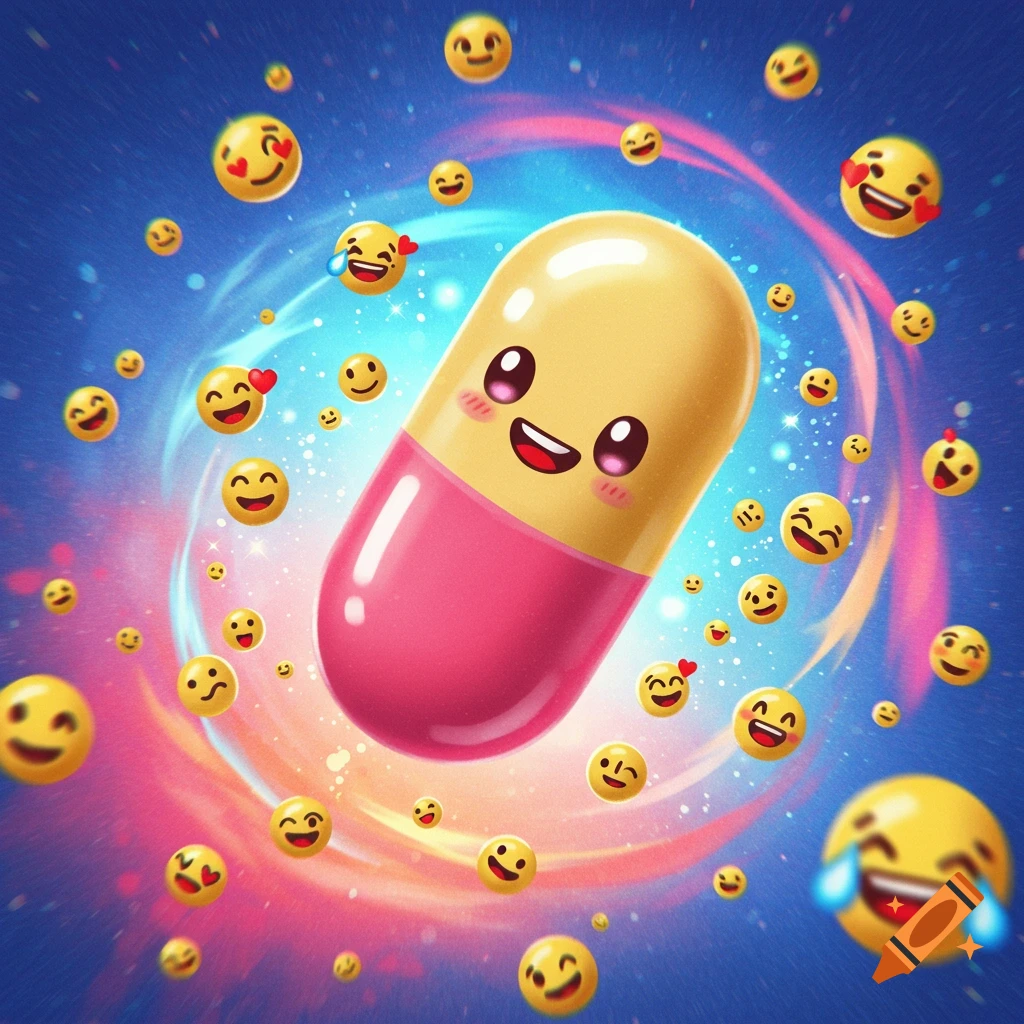 A cute cartoon pill surrounded by various emojis.