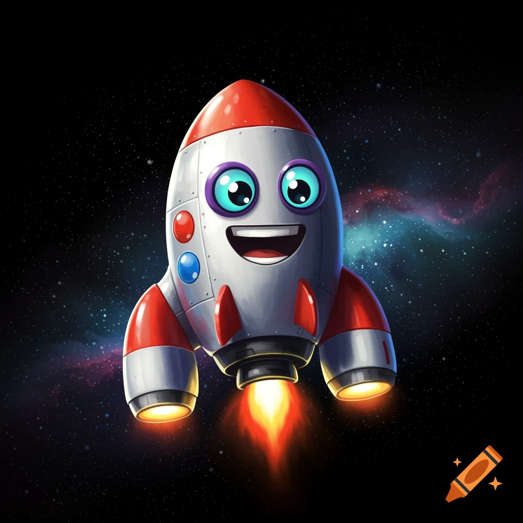 A vibrant cartoon rocket with a happy face flies through space.