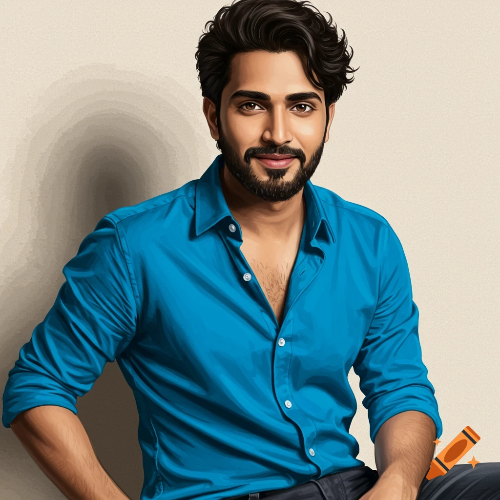 A man with dark hair and a beard wearing a blue shirt.