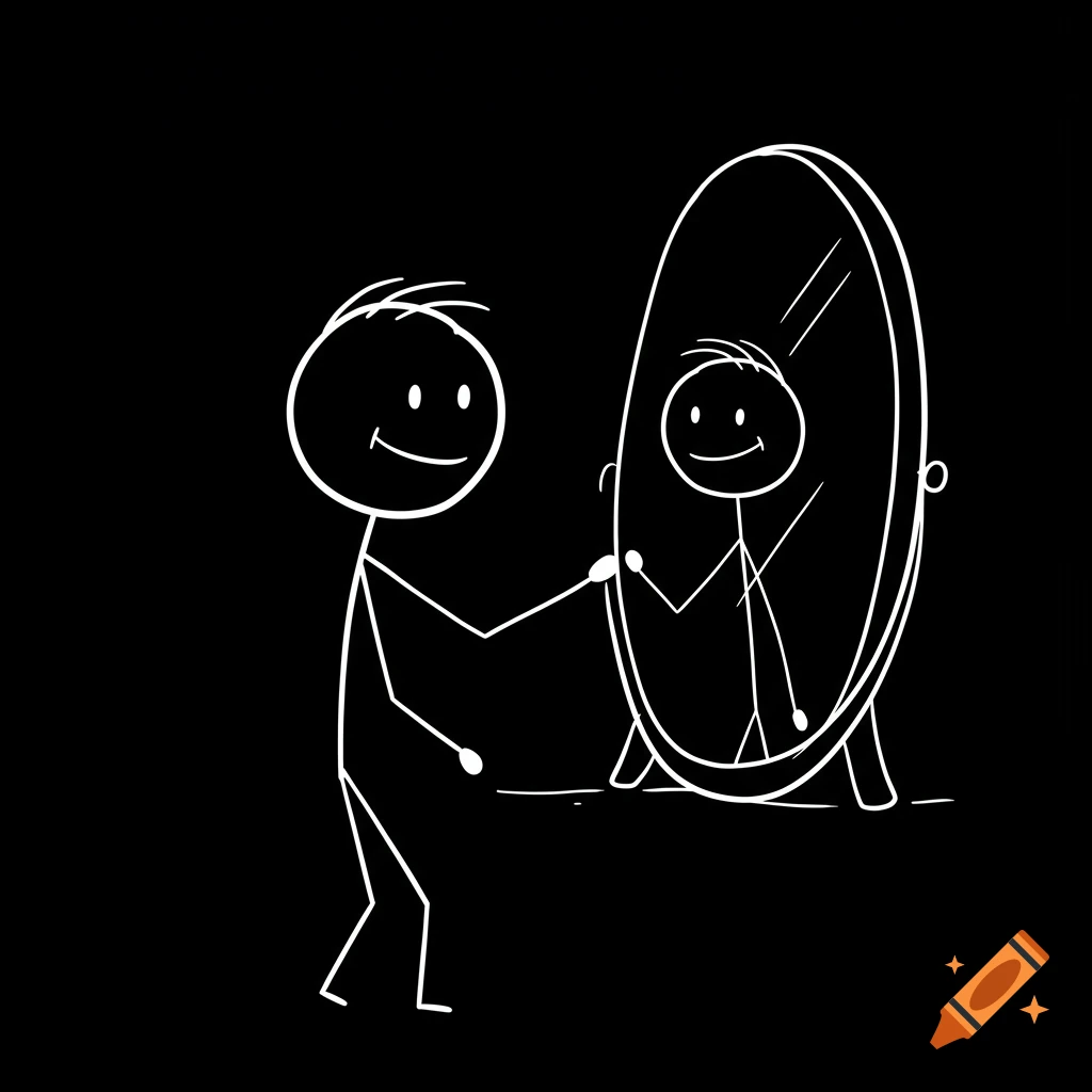 White stick figure drawing on black background of a person smiling into a mirror.