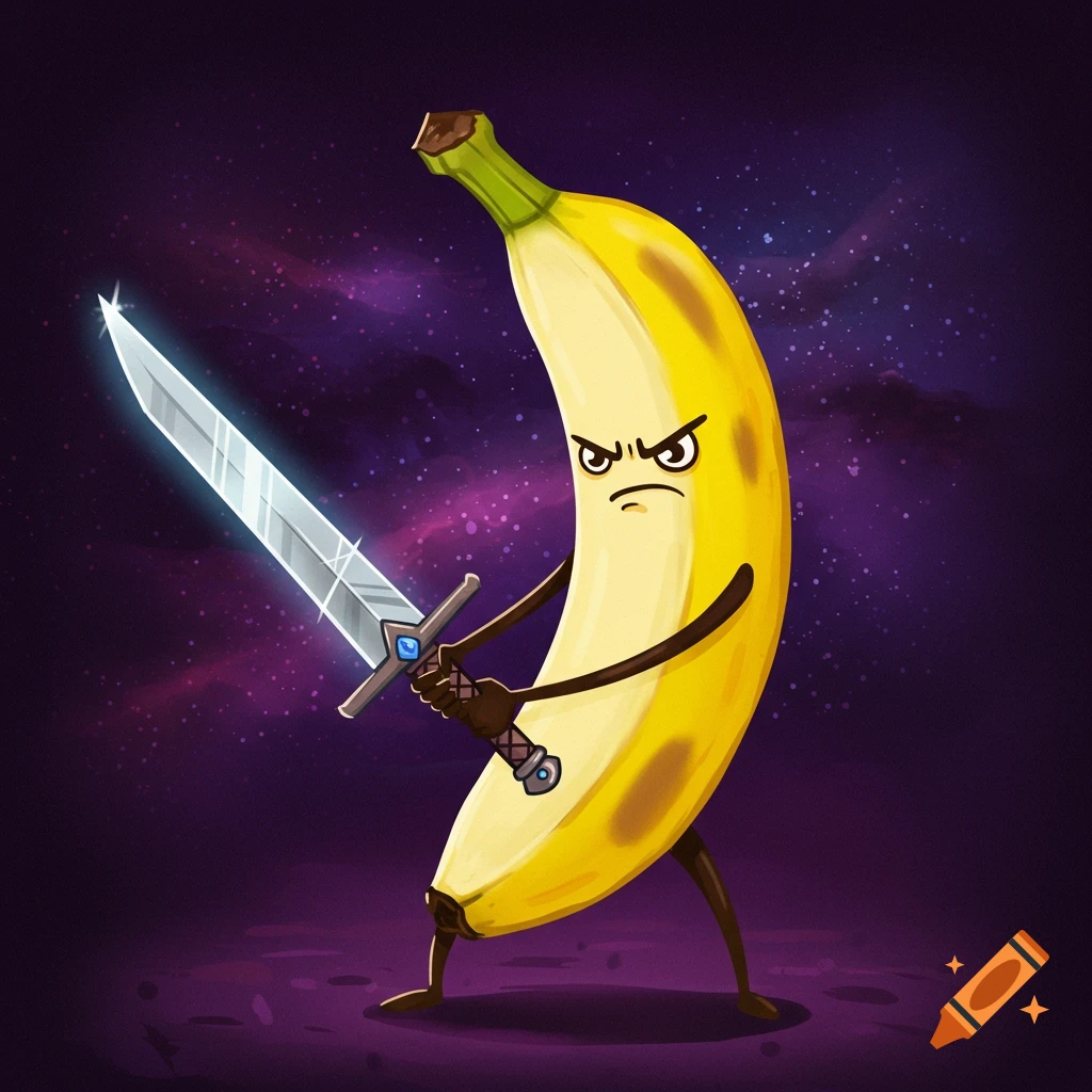 A cartoon banana character holds a sword against a purple space background.