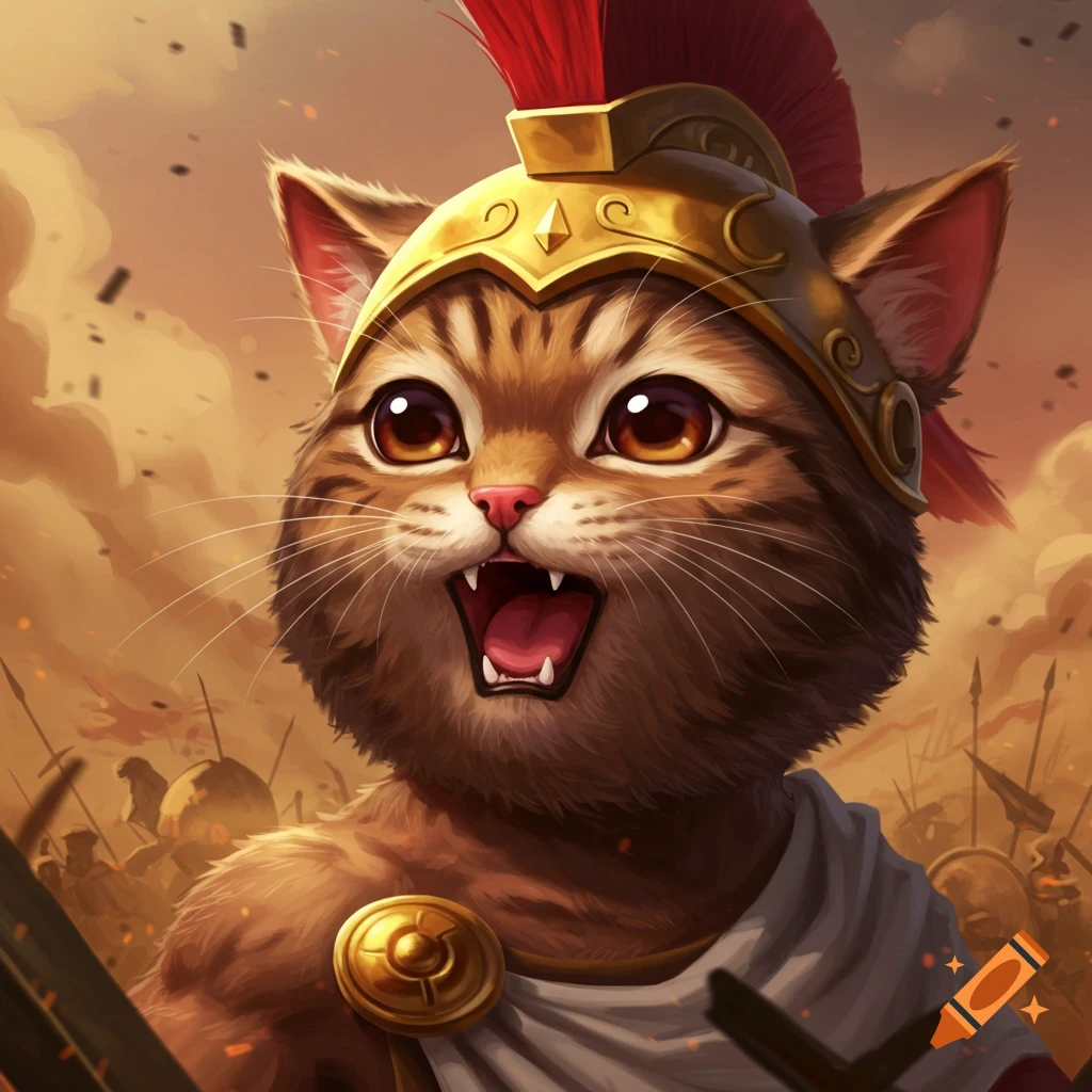 A cute cat dressed as a warrior in Roman armor on a battlefield.