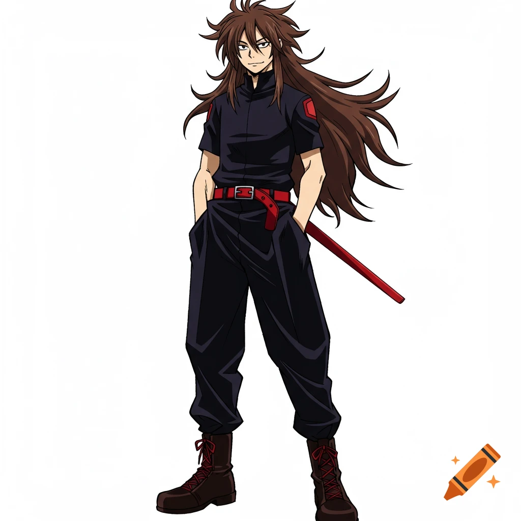 Anime guy with long brown hair, black shirt, red belt, and baggy pants holding a sword sheath.