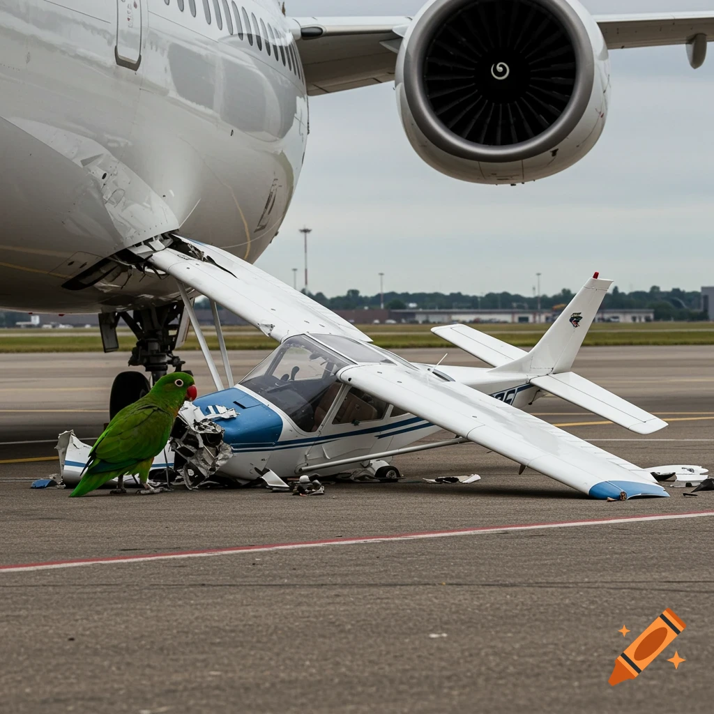 A green parrot stands next to a crashed small airplane under a large commercial jet on an airport tarmac.