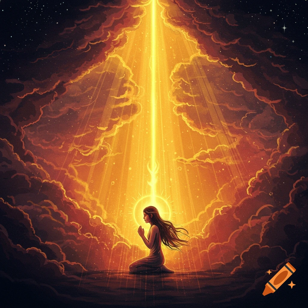 A person is shown kneeling in prayer under a beam of light descending from the sky.