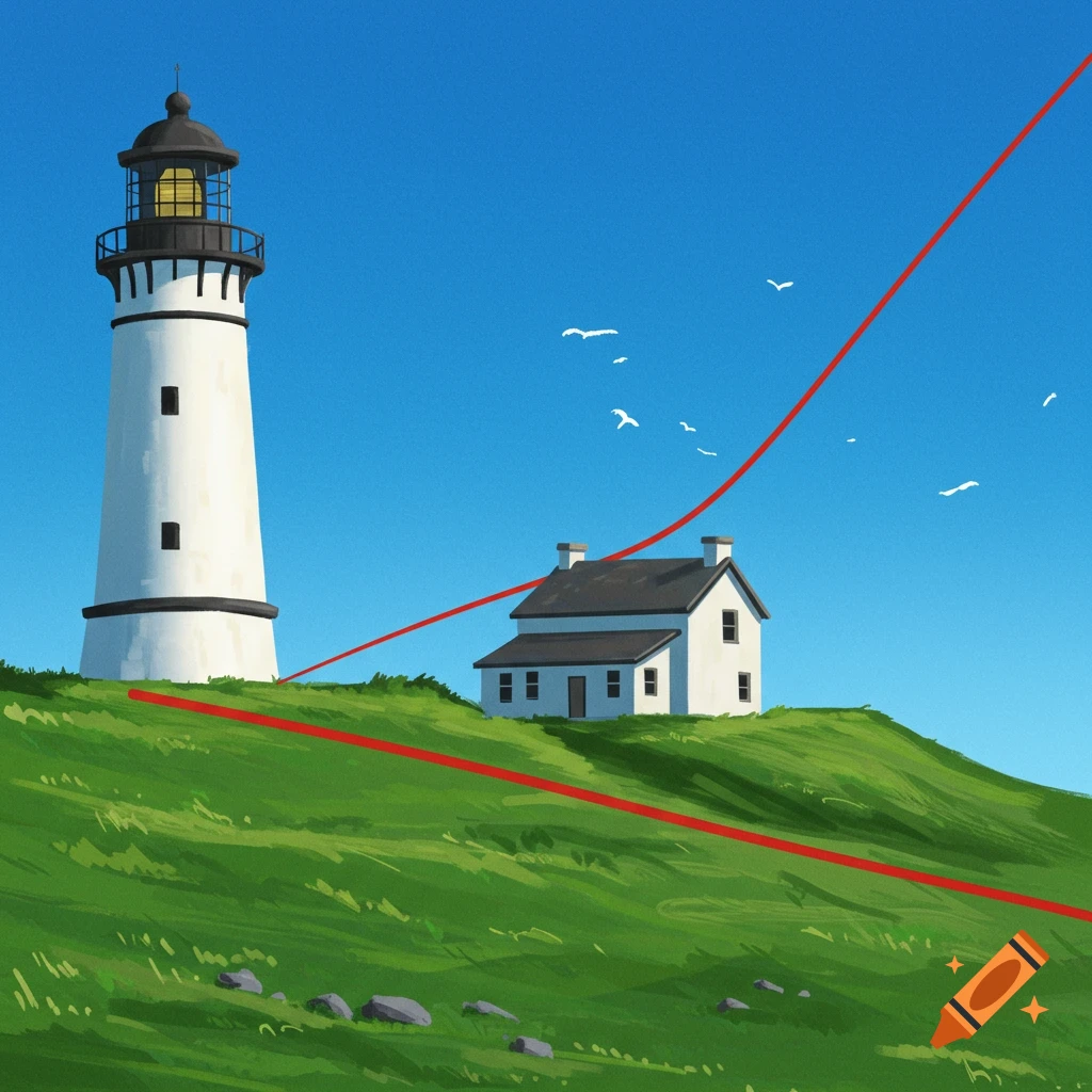 A lighthouse and a house on a green hill under a blue sky with birds and a red line.
