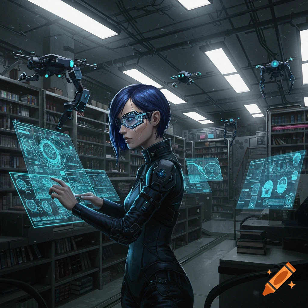 A woman in futuristic gear interacts with holographic screens in a high-tech library.