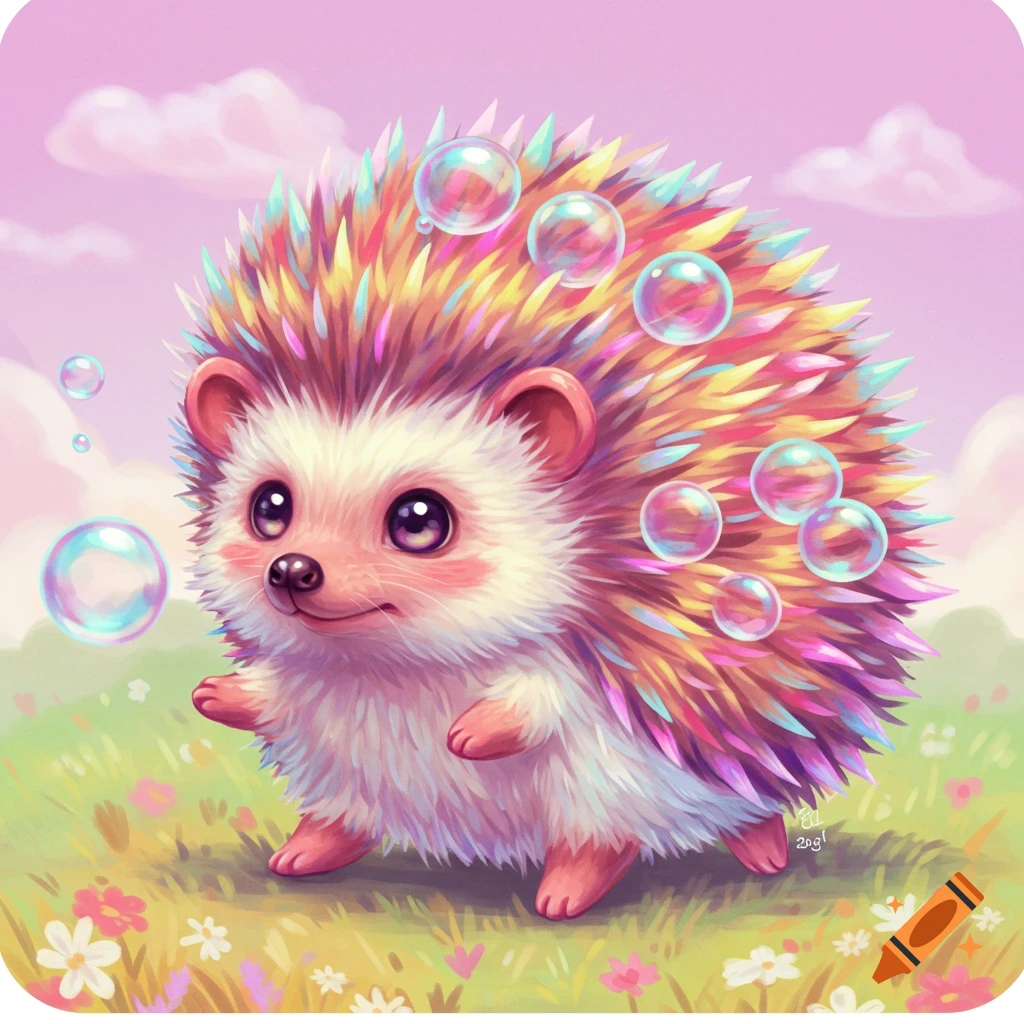 Cute rainbow hedgehog with bubbles in a grassy field.