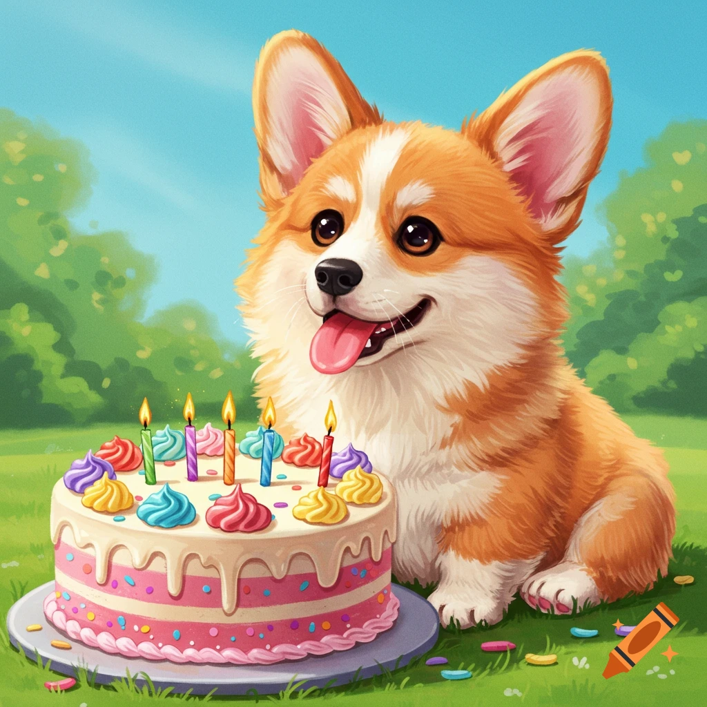 A cute corgi dog sits next to a birthday cake with lit candles.