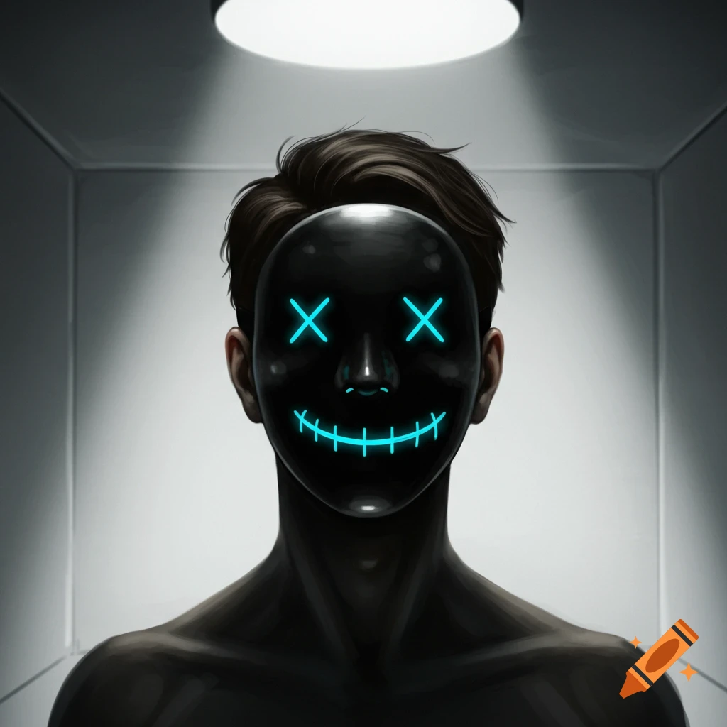Man wearing black minimalistic metal mask with blue X eyes and smile