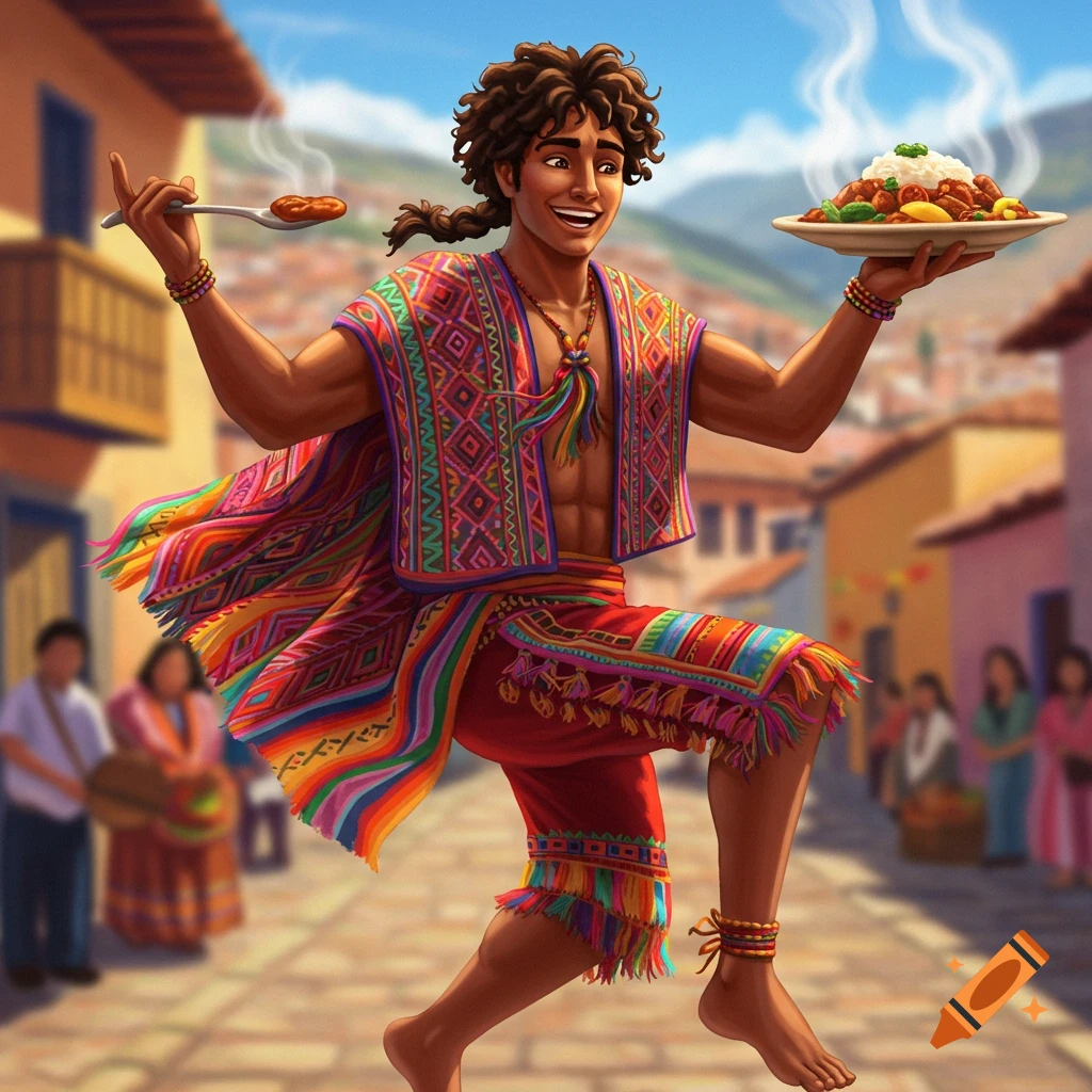 A Peruvian male dancer in colorful traditional clothing, holding a plate of food and a spoon, dancing in a street.