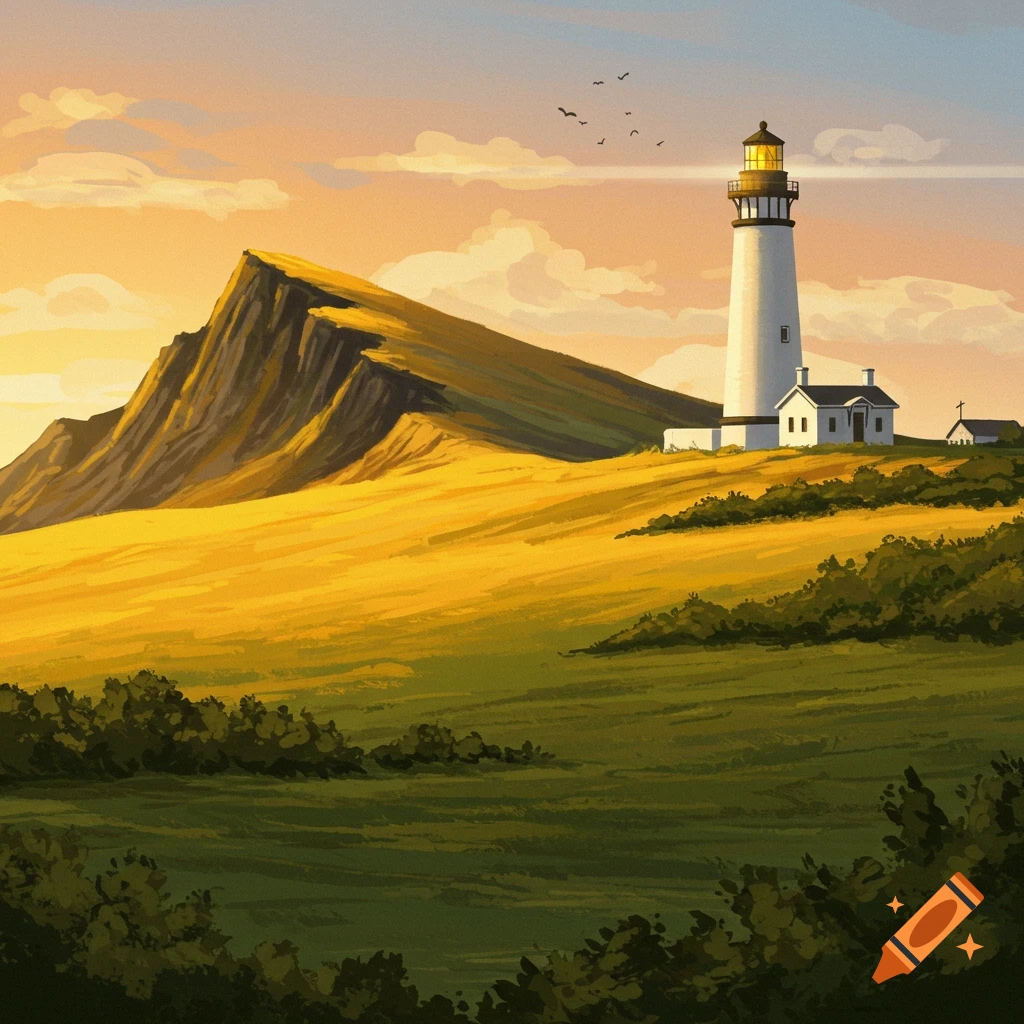 A lighthouse stands on a grassy hill at sunset with birds flying.