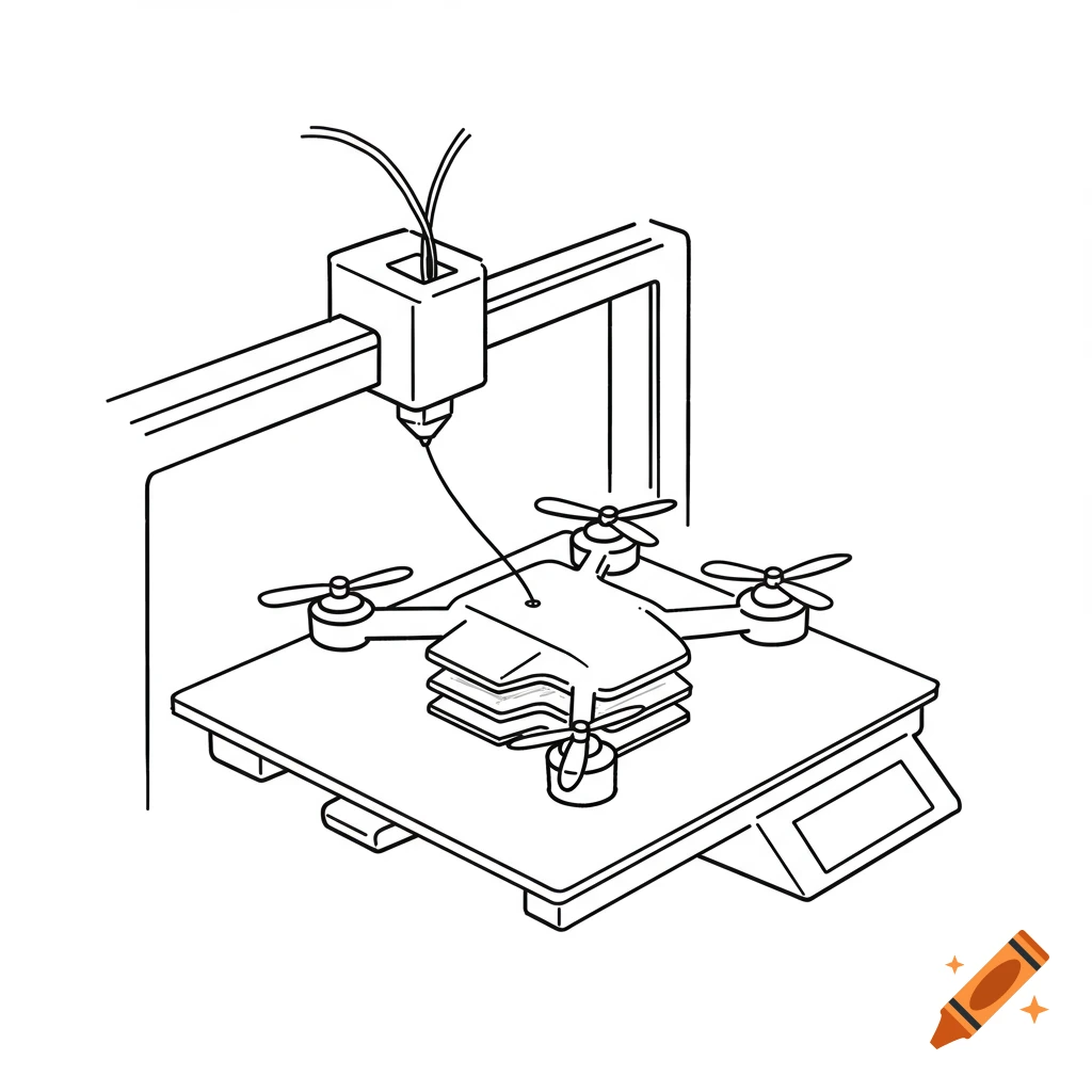 Line drawing of a 3D printer creating a drone.