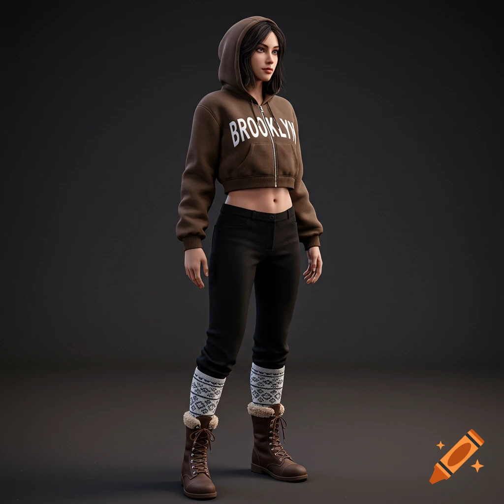 A digitally created female avatar in a brown cropped hoodie with "BROOKLYN" text, black pants, patterned socks, and brown boots.