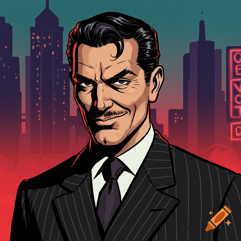 Stylized image of a man with a mustache in a suit against a city skyline.