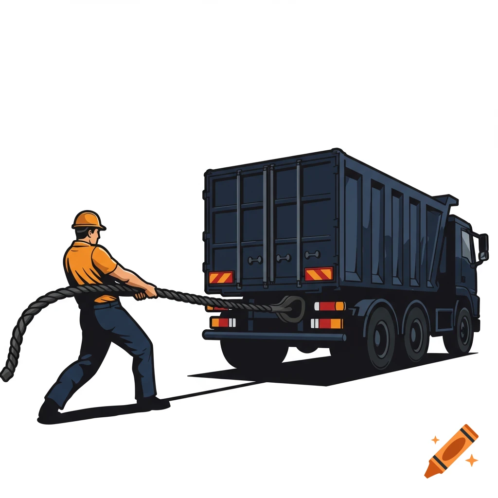 Vector graphic of a man pulling a large truck with a rope.
