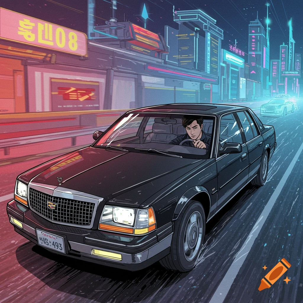 A man is driving a black car down a neon-lit city street at night.