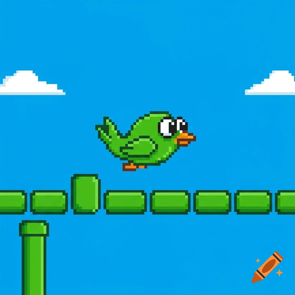 Pixel art green bird flying in blue sky with clouds and green pipe obstacles.