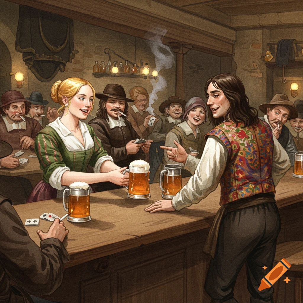 Painting of people drinking and socializing in a 17th century bar