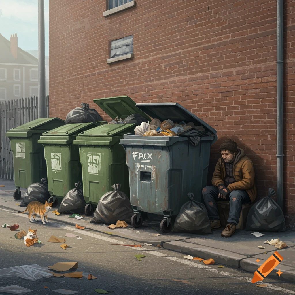 A man sits by garbage bins on a street with cats.