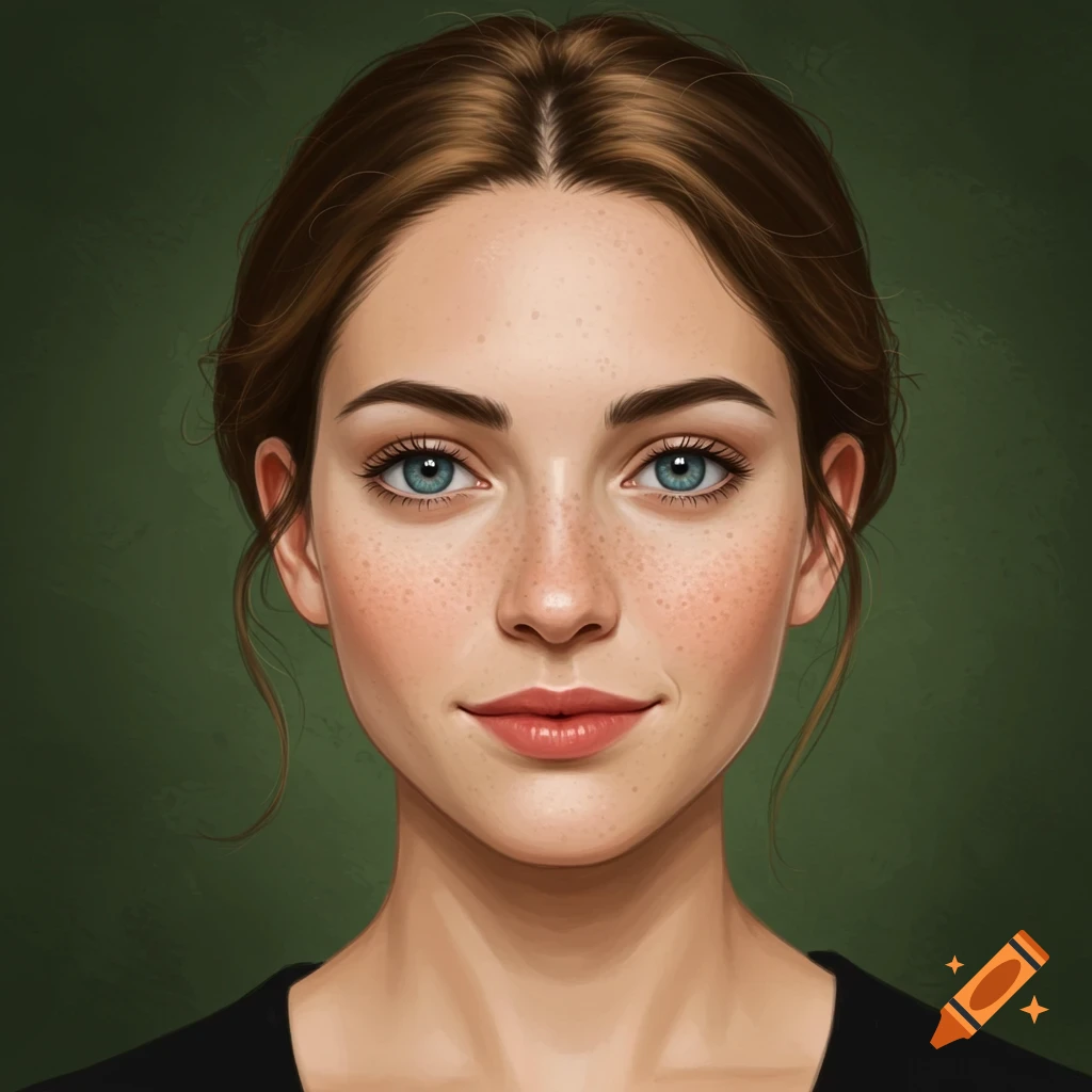 Portrait of a young woman with brown hair, blue eyes, and freckles.