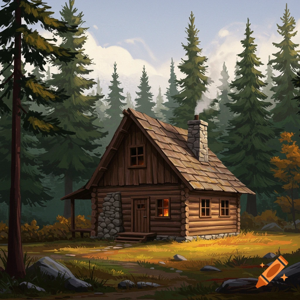 A rustic wooden cabin with a stone chimney in a forest clearing.