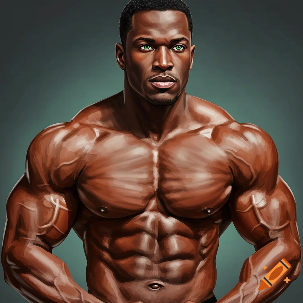 A muscular Black man with green eyes.