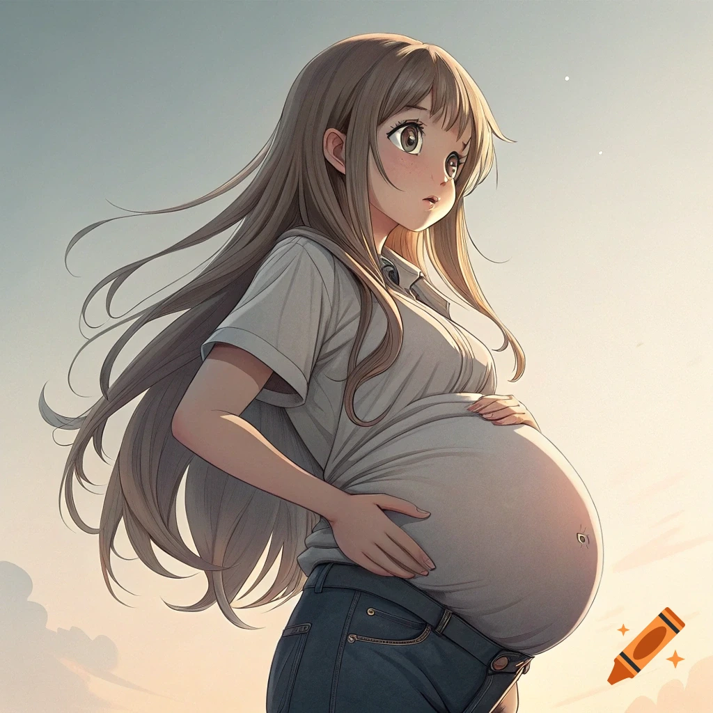 Anime drawing of a pregnant girl holding her large belly under a cloudy sky.