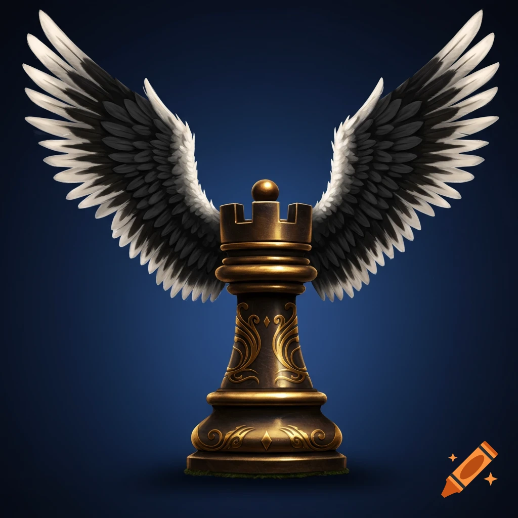 A golden chess rook with large black and white wings on a dark blue background.