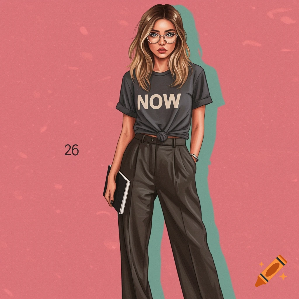 Illustration of a woman in glasses and a t-shirt that says "NOW", holding a book.