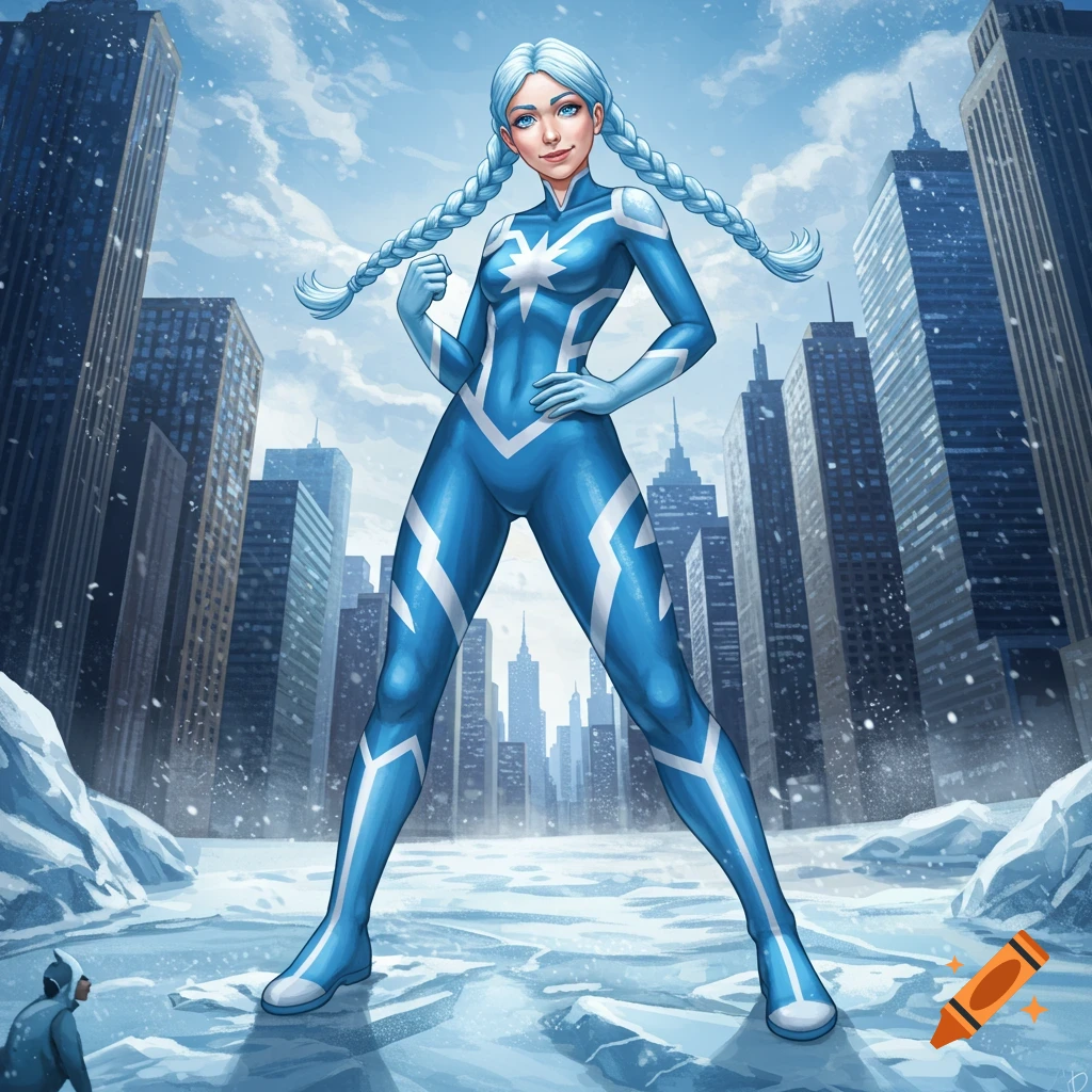 A female superhero in a blue suit stands in a snowy cityscape.