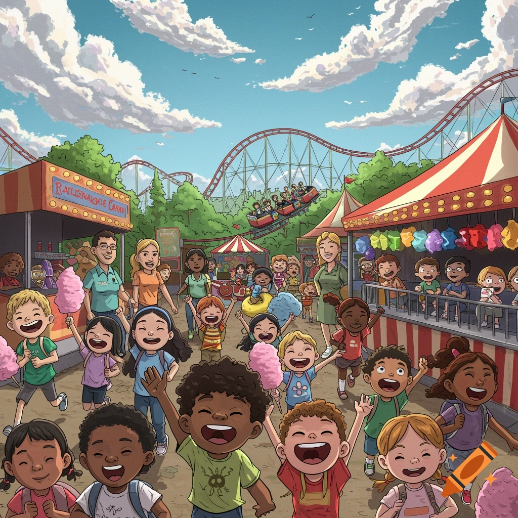 A vibrant cartoon illustration of a large group of diverse children and adults enjoying a sunny day at an amusement park with a roller coaster and carnival booths.