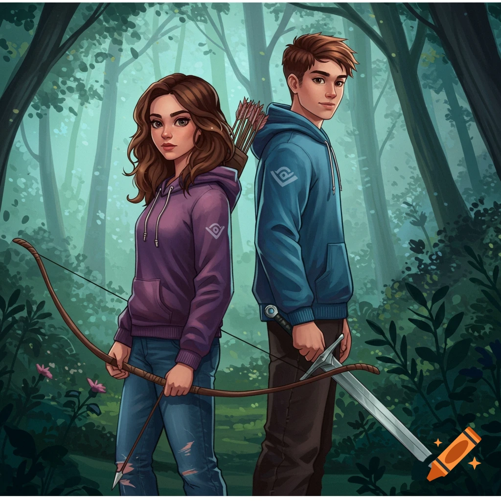 A digital illustration of a young woman with a bow and arrow and a young man with a sword standing in a mystical forest.