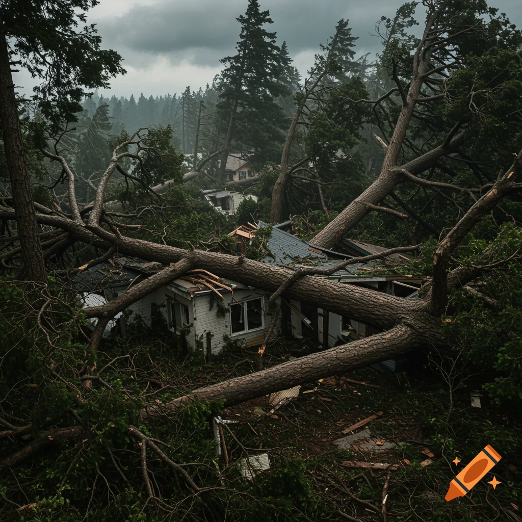 A house is crushed under massive fallen trees under a dark, cloudy sky, showing the aftermath of a storm.